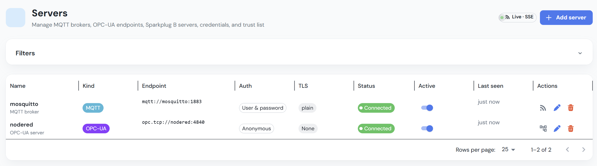 Data logging — server and tag management