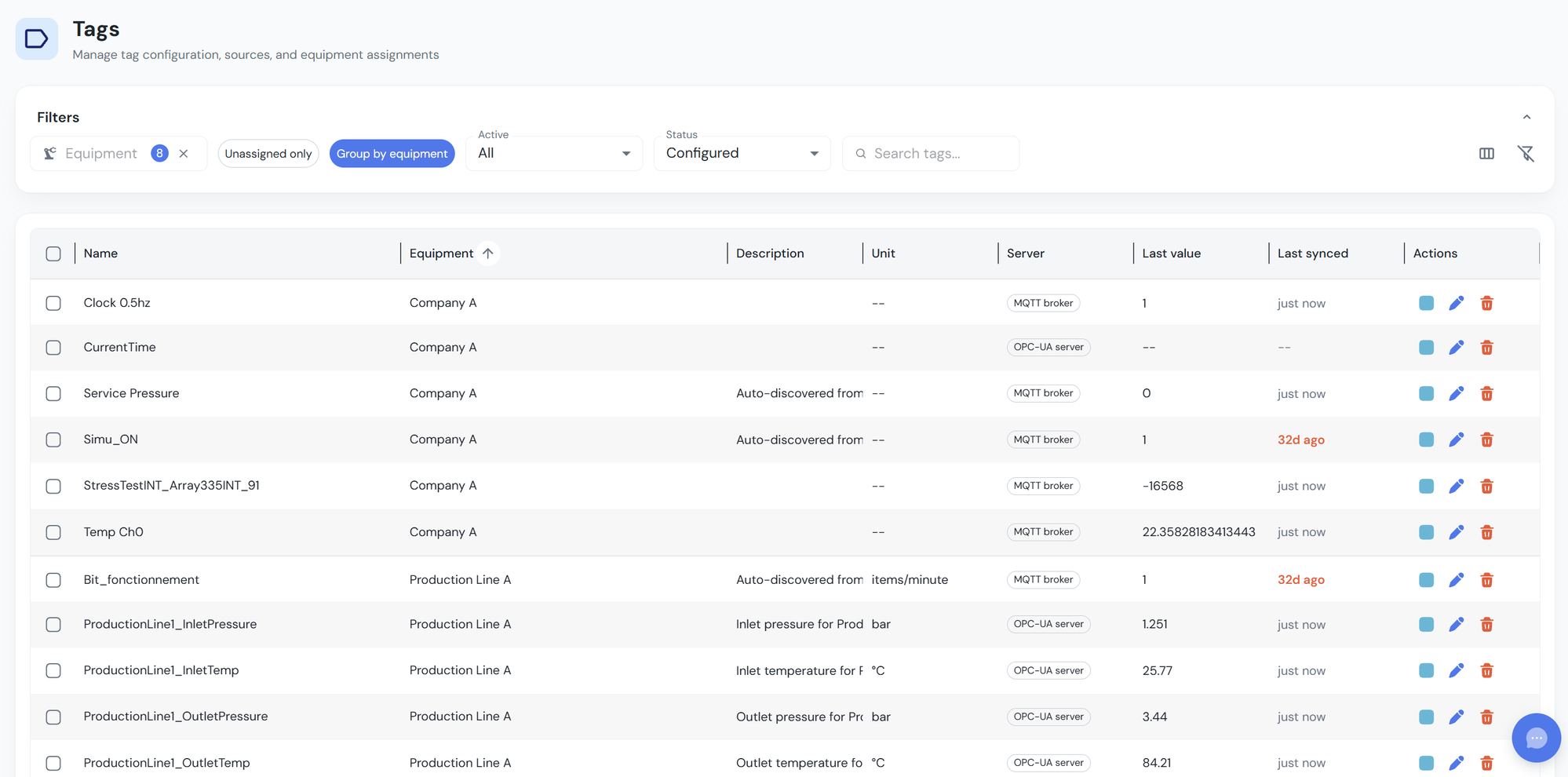 Historian — tag list with live values